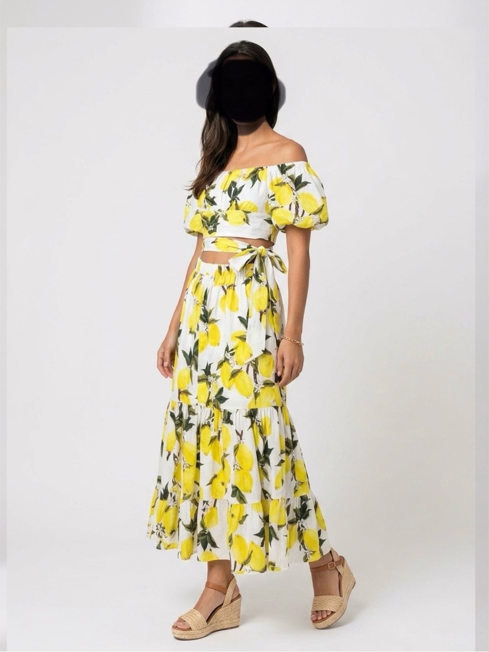 Chicwish White Maxi Skirt and Top with Yellow Lemon Print